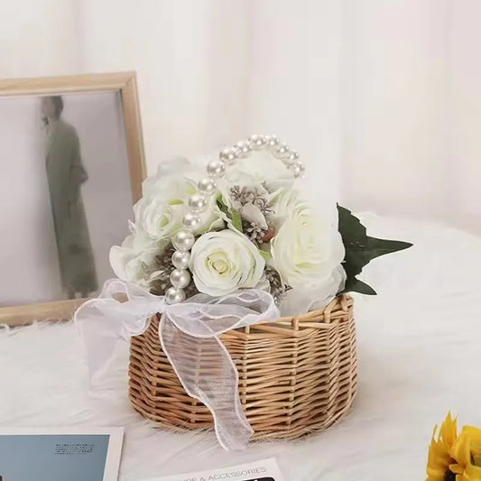 Pearl Handle Wicker Flower Basket